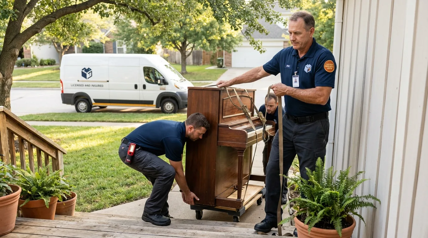 Licensed piano movers securing grand piano in Belmont, NH