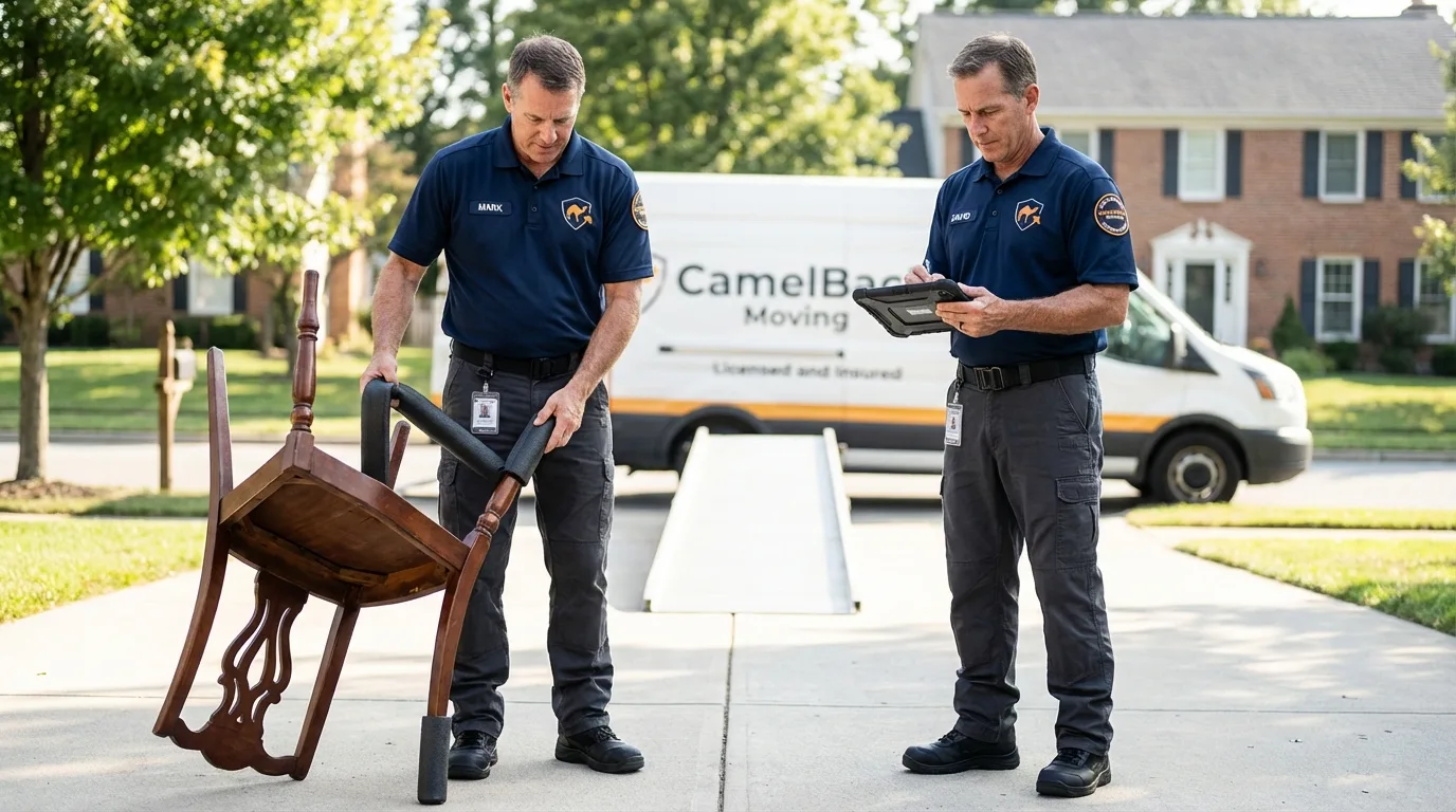 Movers inspecting furniture for damage prevention before loading in Belmont, NH