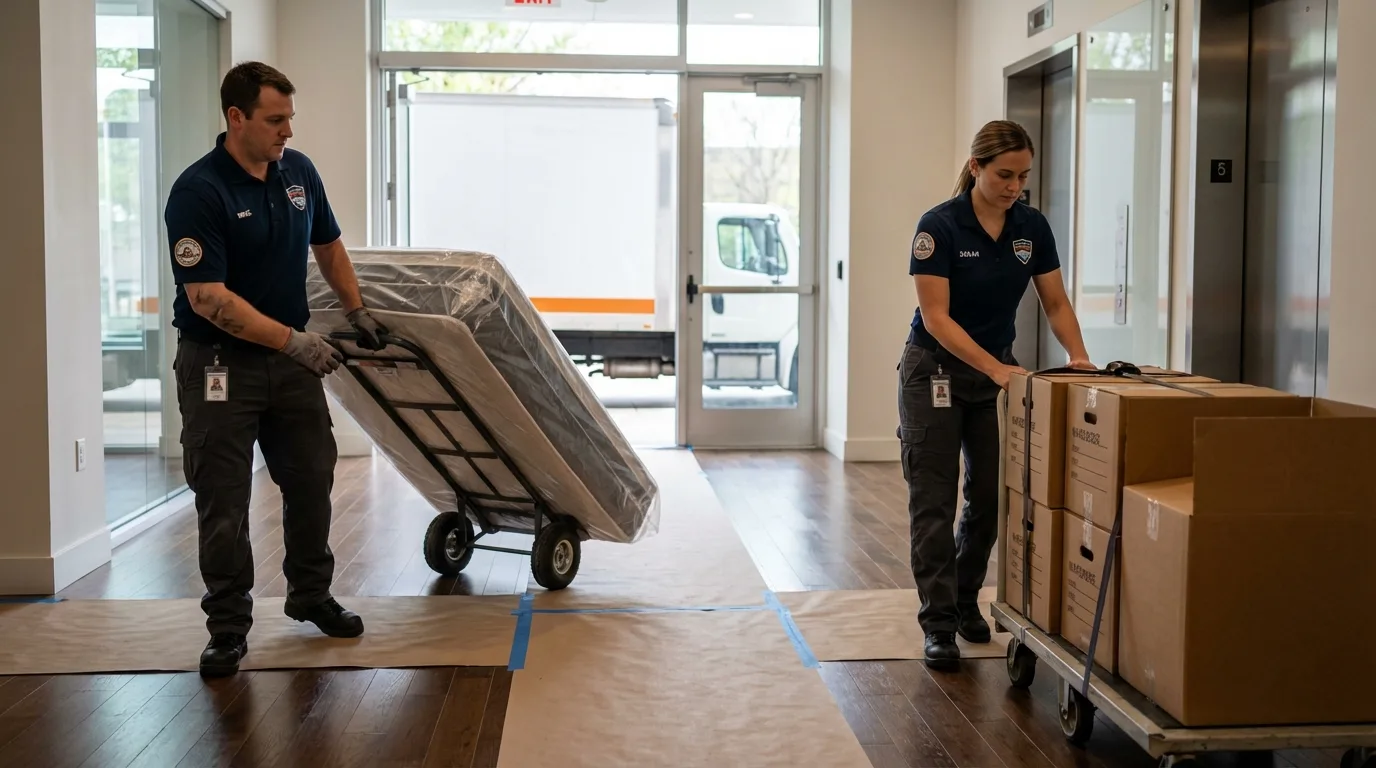 Professional apartment movers loading elevator in Belmont, NH