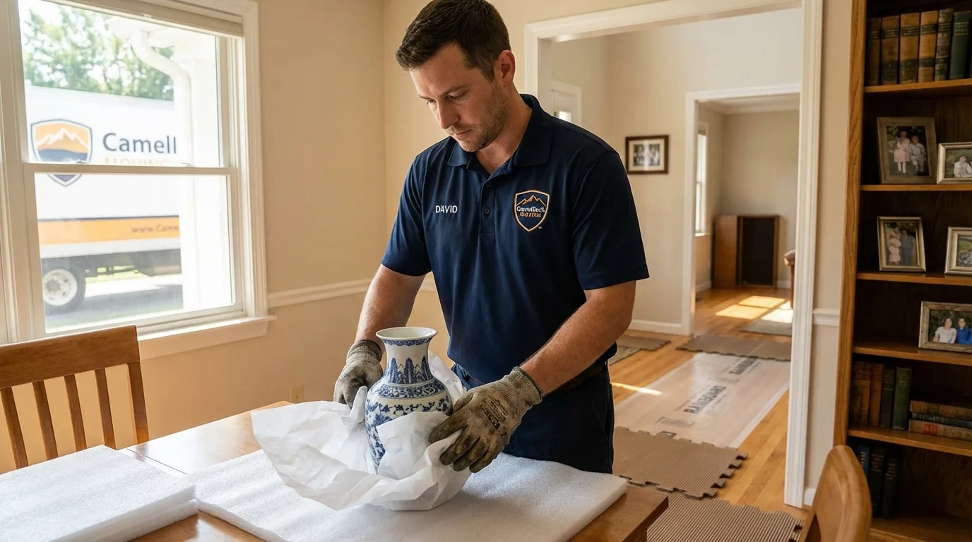 Professional crew carefully wrapping antique vase for senior downsizing move in Belmont, NH