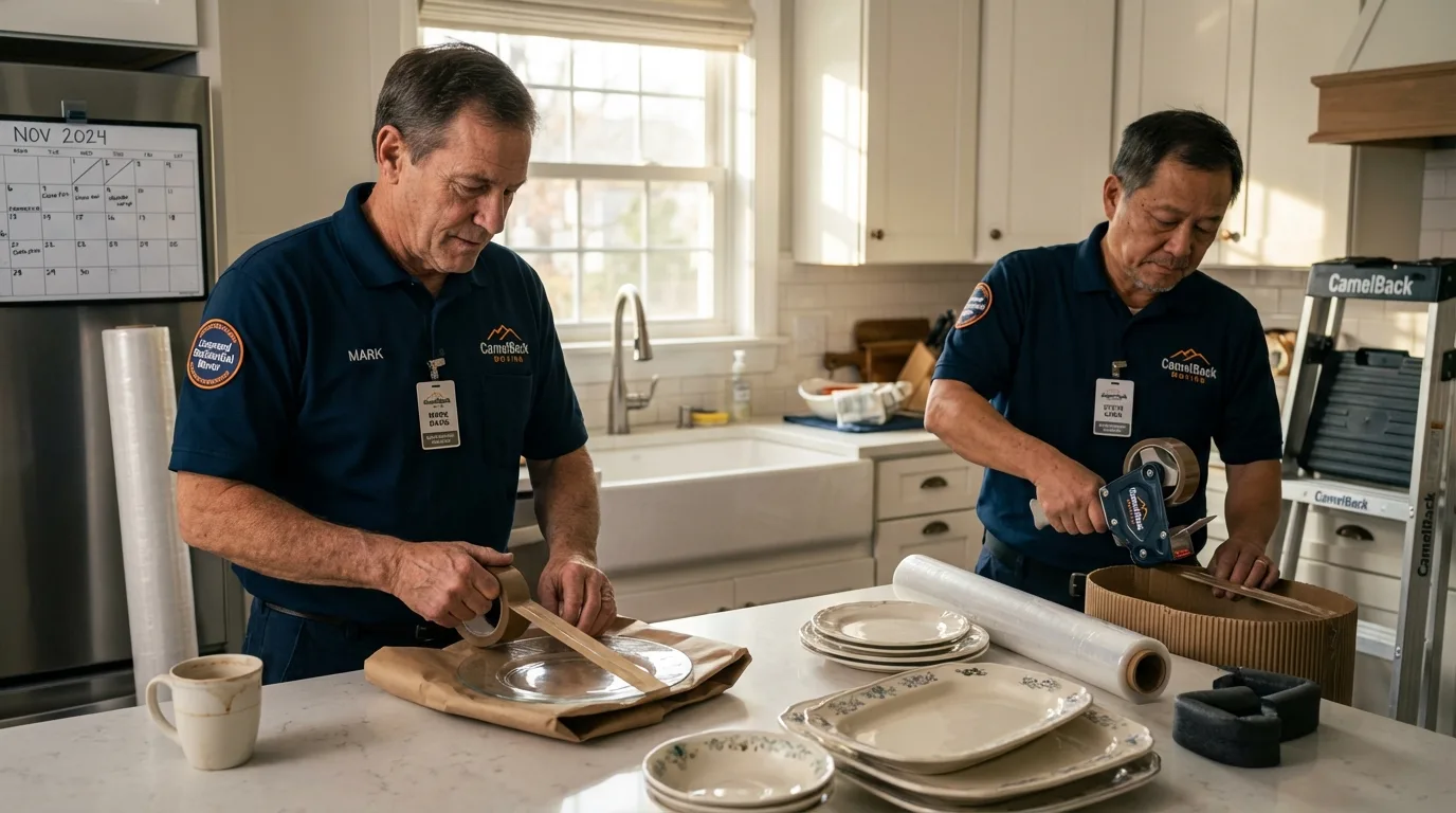 Professional crew packing kitchen dishware in Belmont, NH